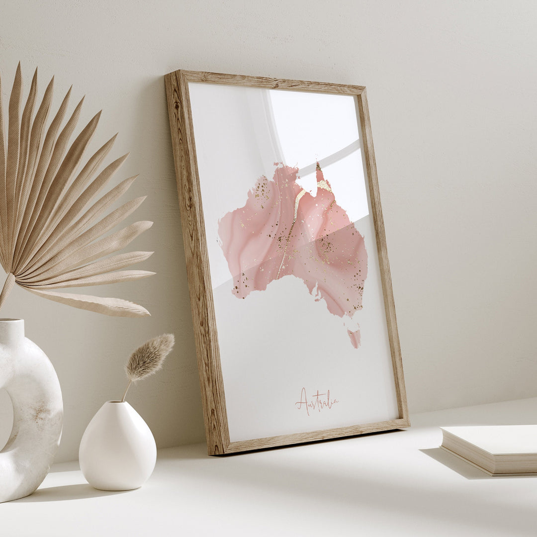 Australia Map Pink and Gold Wall Art Print