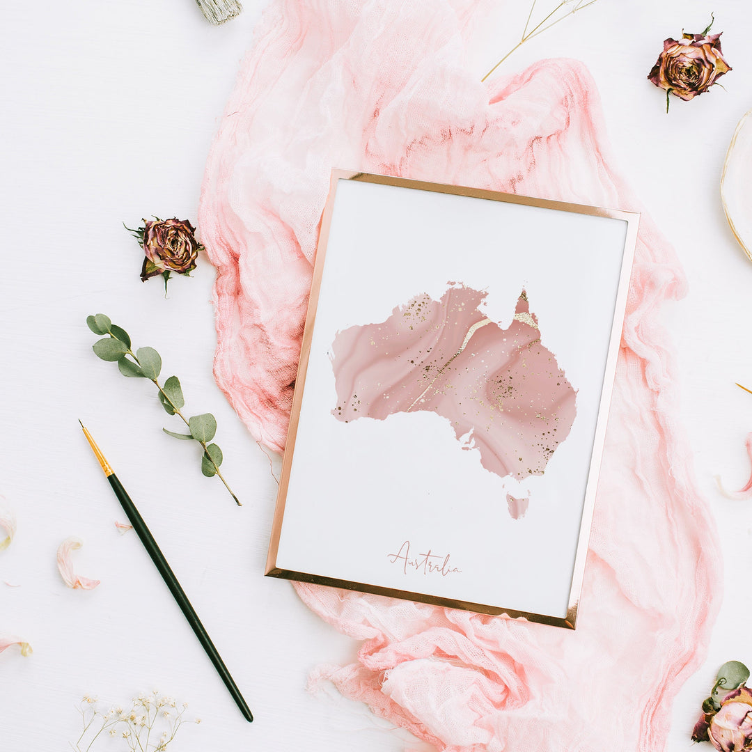Australia Map Pink and Gold Wall Art Print
