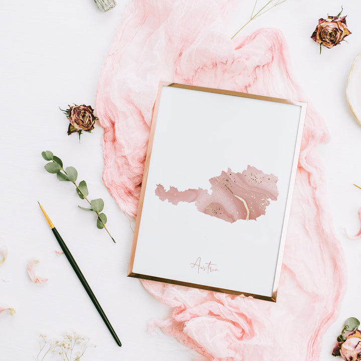 Austria Map Pink and Gold Wall Art Print