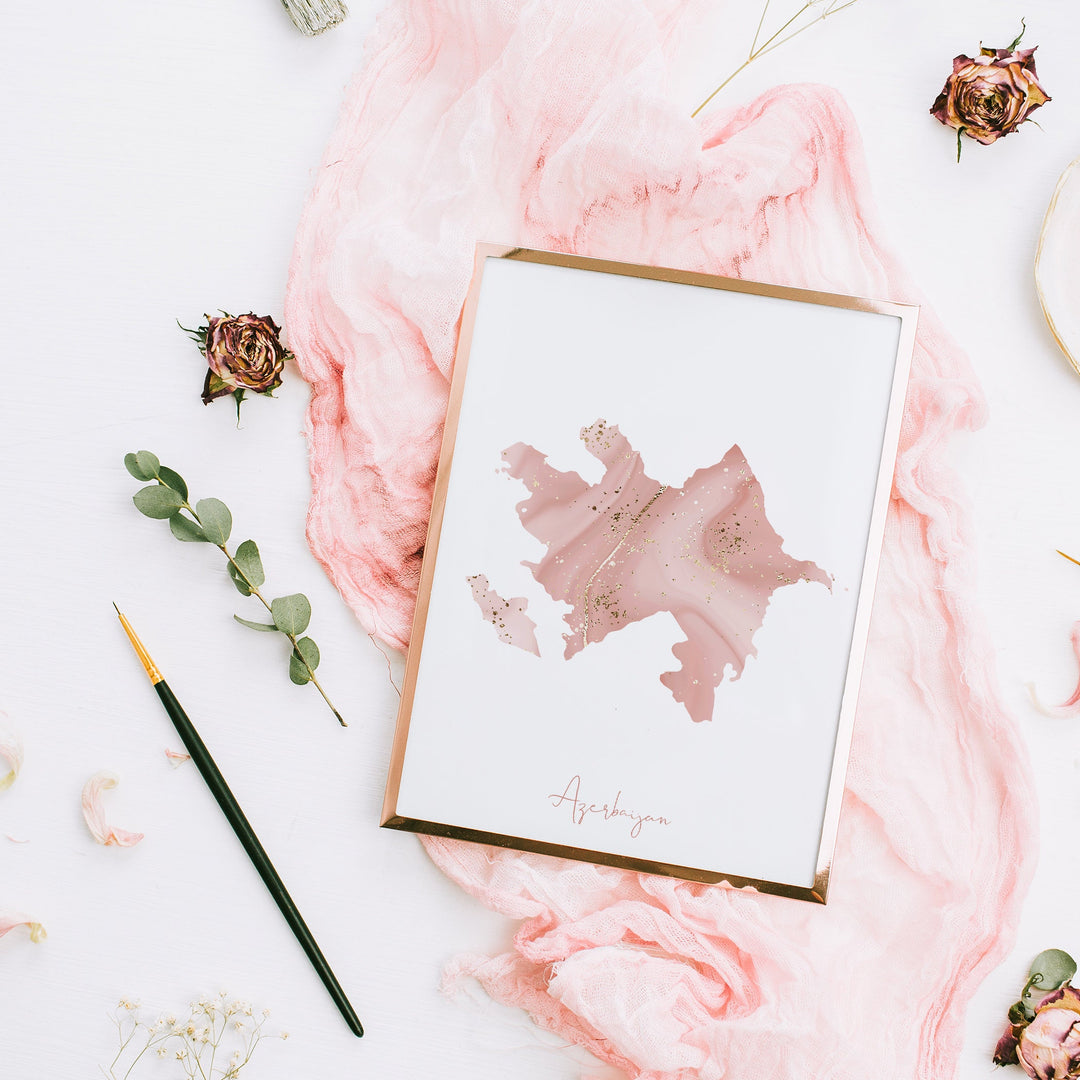 Azerbaijan Map Pink and Gold Wall Art Print