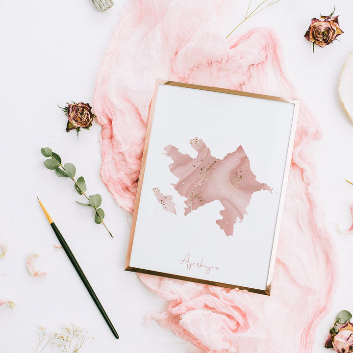 Azerbaijan Map Pink and Gold Wall Art Print