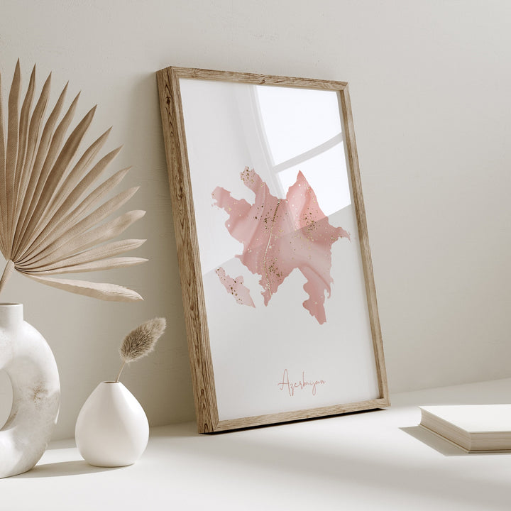 Azerbaijan Map Pink and Gold Wall Art Print