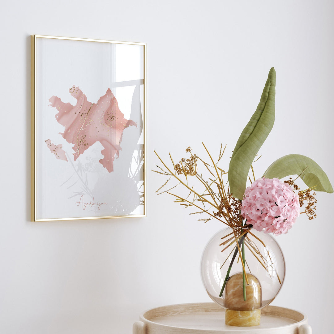 Azerbaijan Map Pink and Gold Wall Art Print