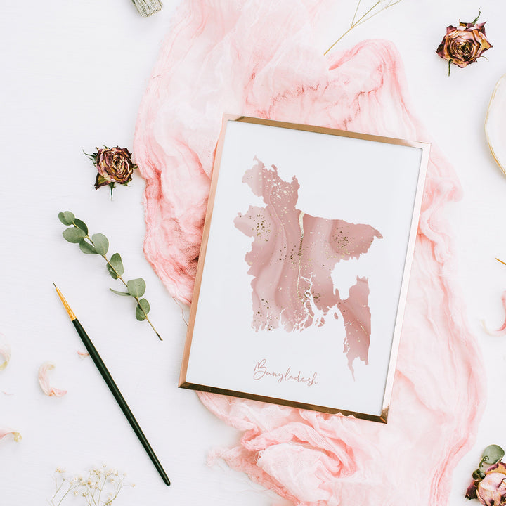 Bangladesh Map Pink and Gold Wall Art Print