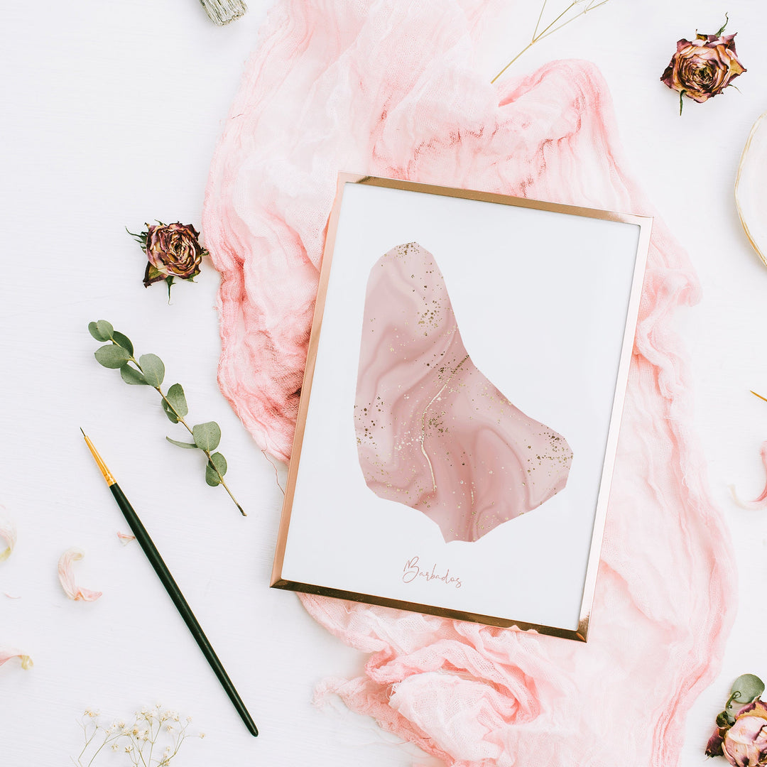 Barbados Map Pink and Gold Wall Art Print