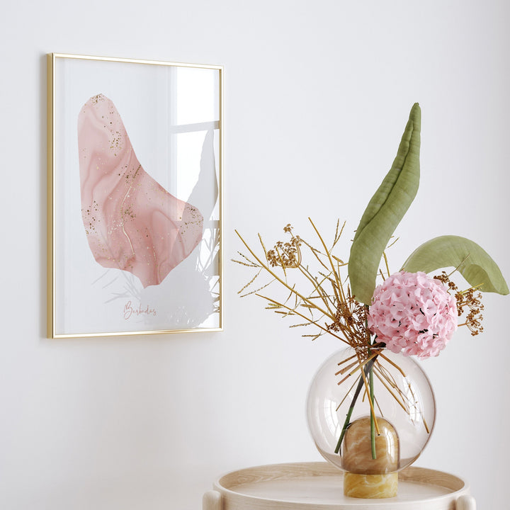 Barbados Map Pink and Gold Wall Art Print