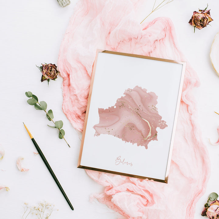 Belarus Map Pink and Gold Wall Art Print