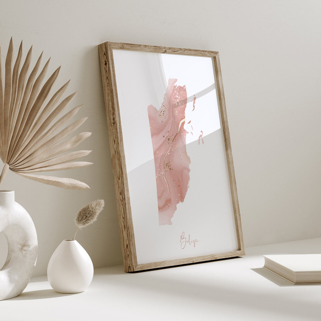 Belize Map Pink and Gold Wall Art Print