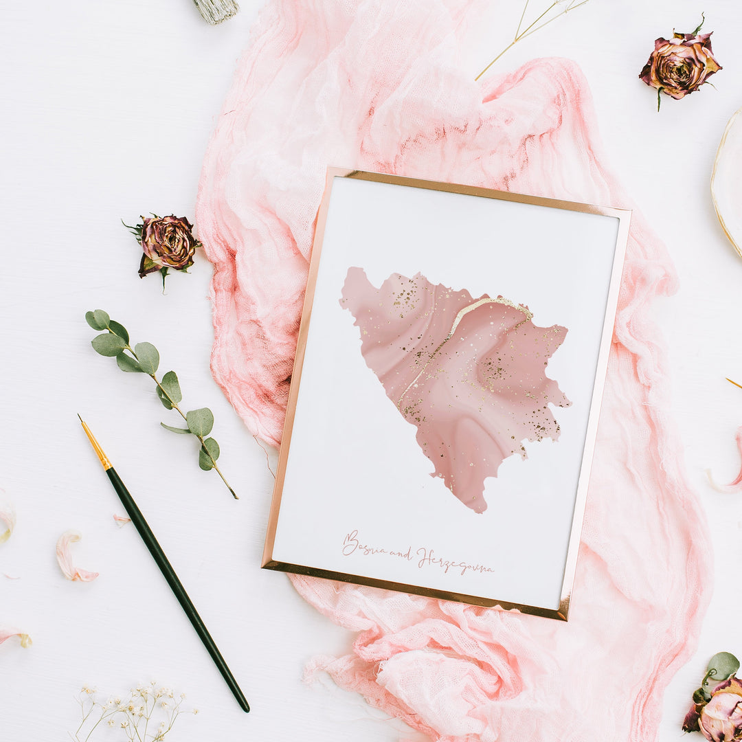 Bosnia and Herzegovina Map Pink and Gold Wall Art Print
