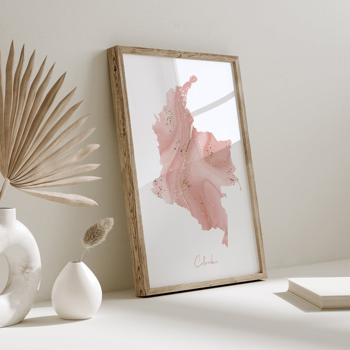 Colombia Map Pink and Gold Wall Art Print