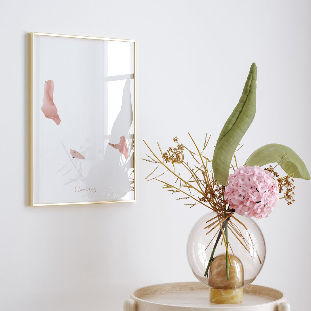 Comoros Map Pink and Gold Wall Art Print