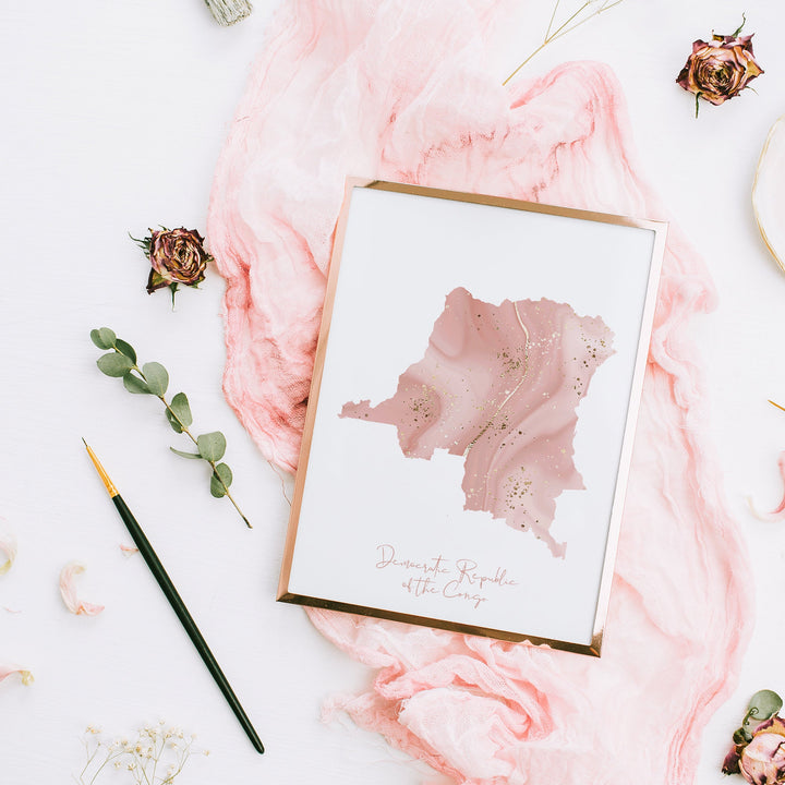 Congo Map Pink and Gold Wall Art Print