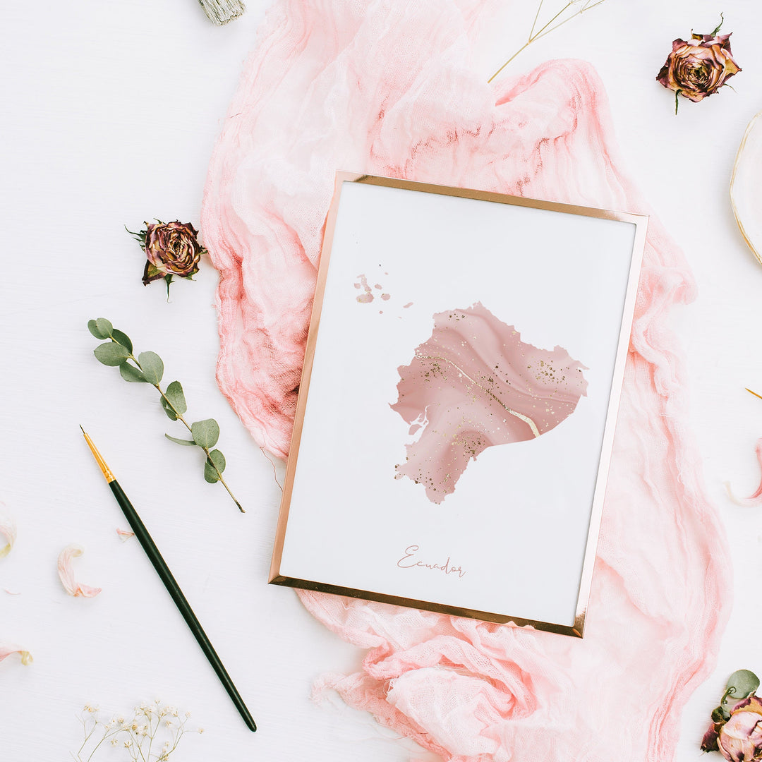 Ecuador Map Pink and Gold Wall Art Print