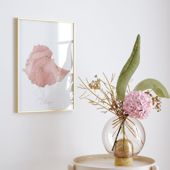 Ethiopia Map Pink and Gold Wall Art Print