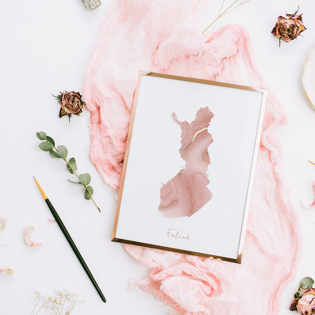 Finland Map Pink and Gold Wall Art Print