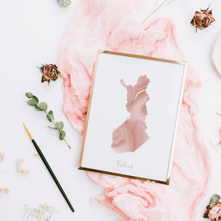 Finland Map Pink and Gold Wall Art Print