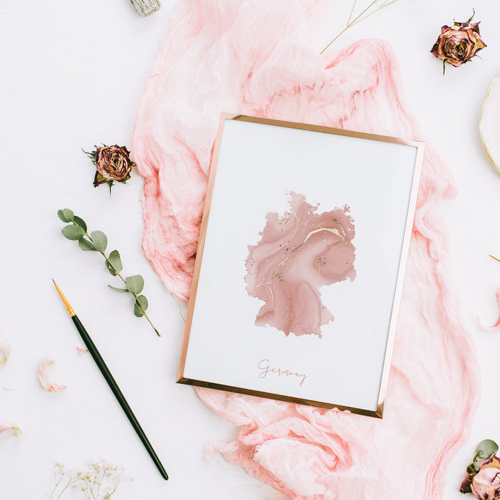 Germany Map Pink and Gold Wall Art Print