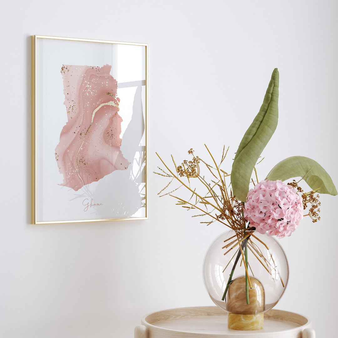 Ghana Map Pink and Gold Wall Art Print