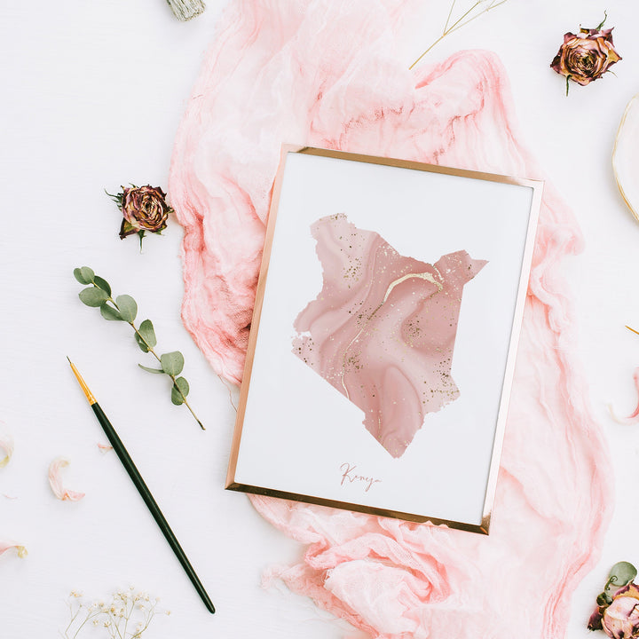 Kenya Map Pink and Gold Wall Art Print