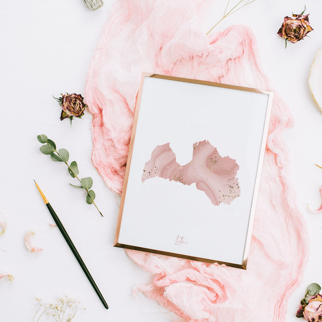 Latvia Map Pink and Gold Wall Art Print