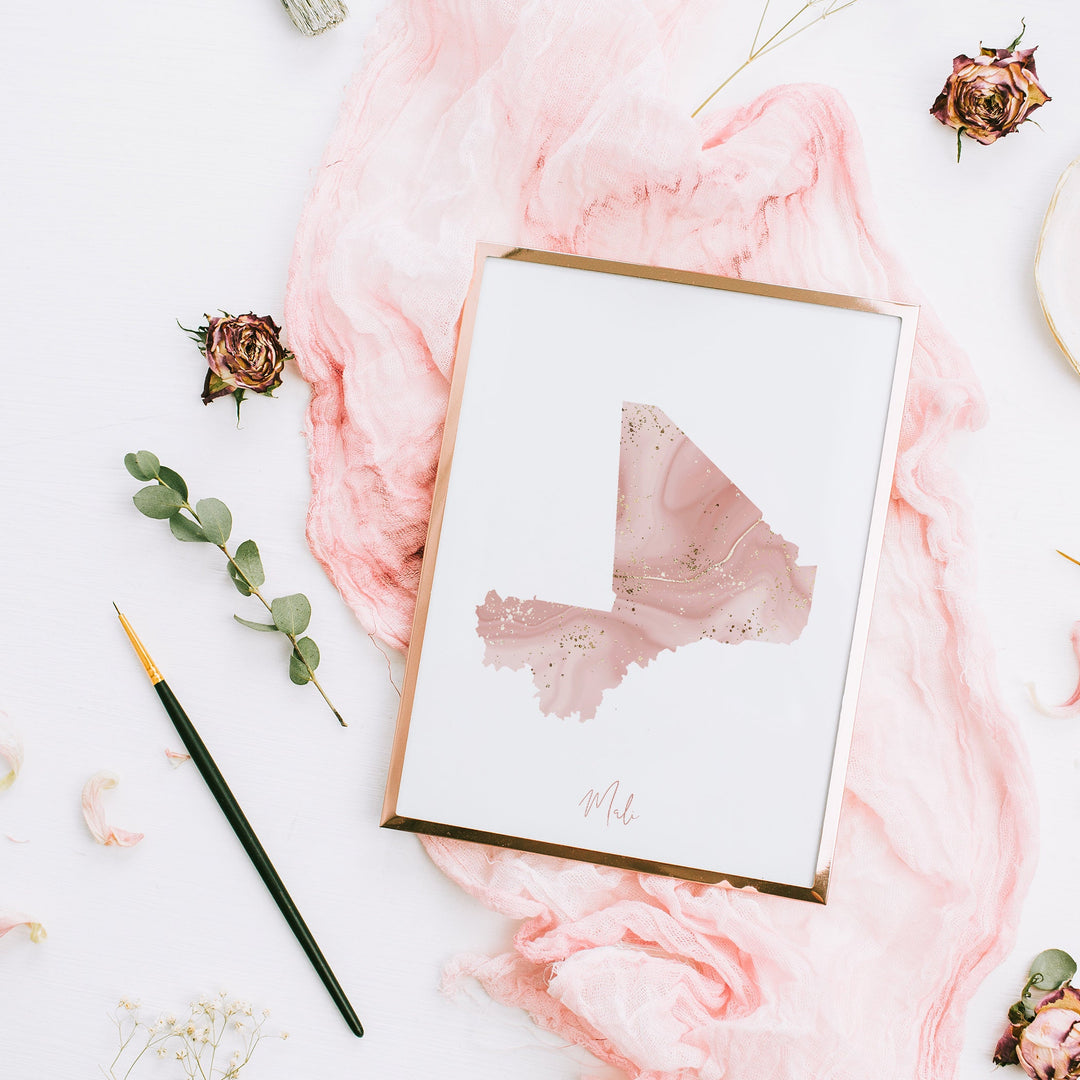 Mali Map Pink and Gold Wall Art Print