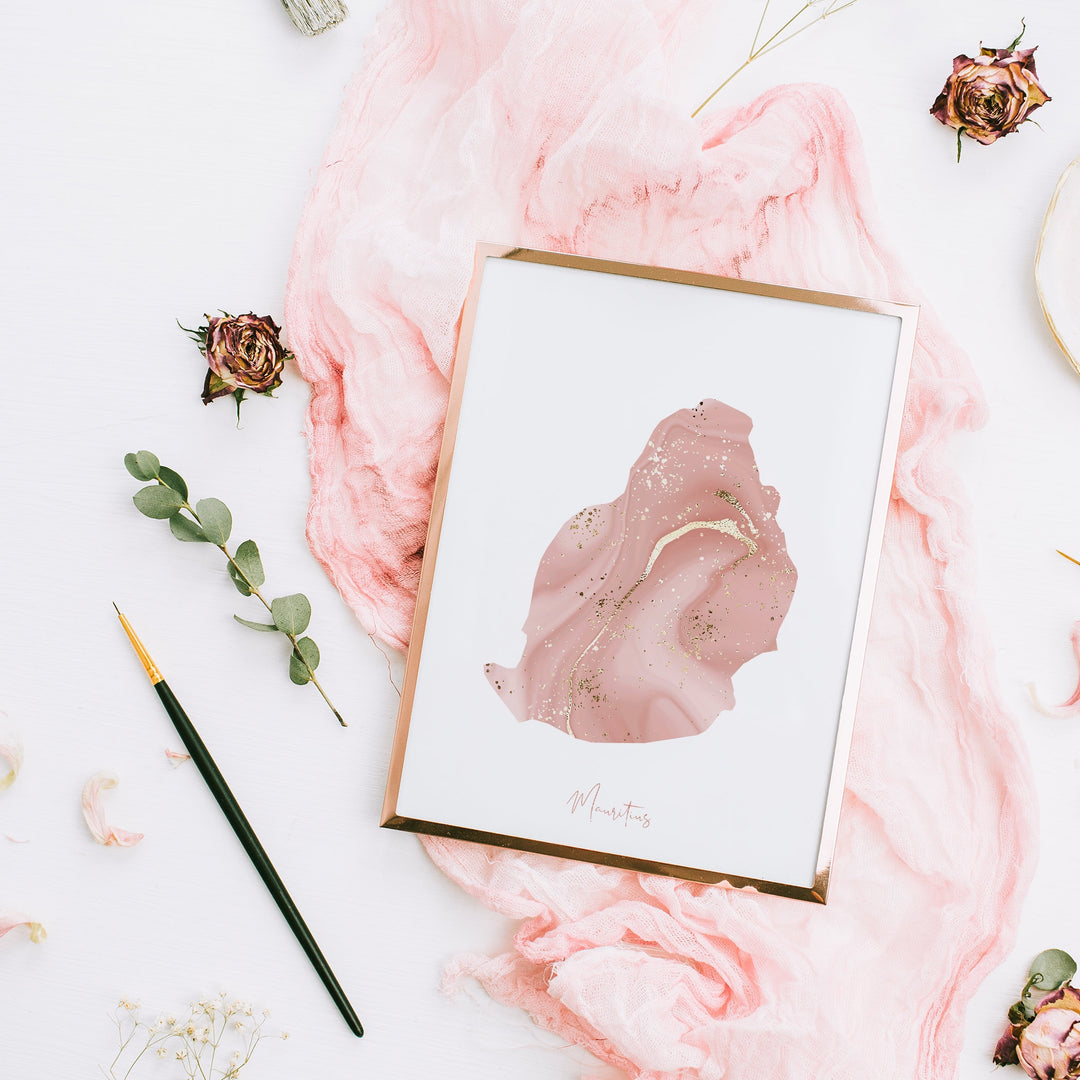 Mauritius Map Pink and Gold Wall Art Print