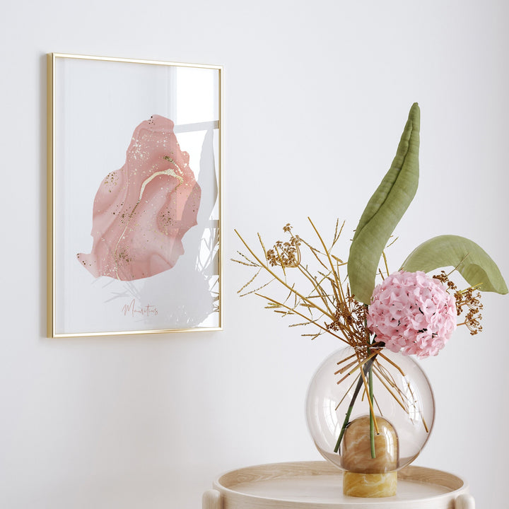 Mauritius Map Pink and Gold Wall Art Print