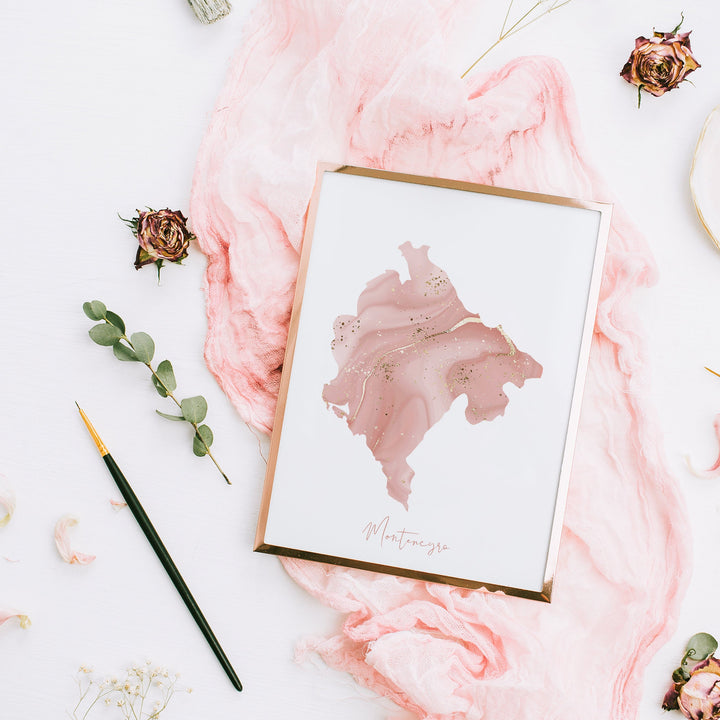 Montenegro Map Pink and Gold Wall Art Print