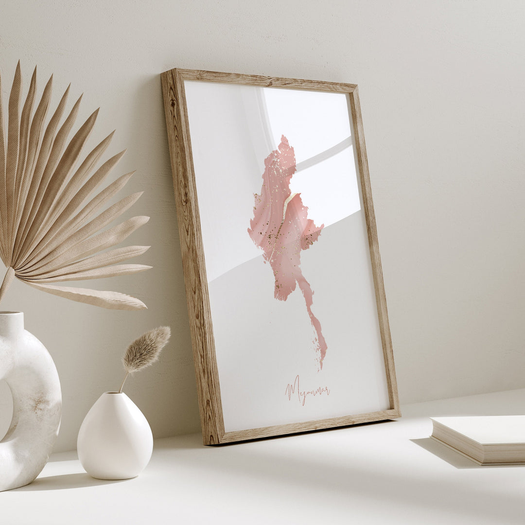 Myanmar Map Pink and Gold Wall Art Print