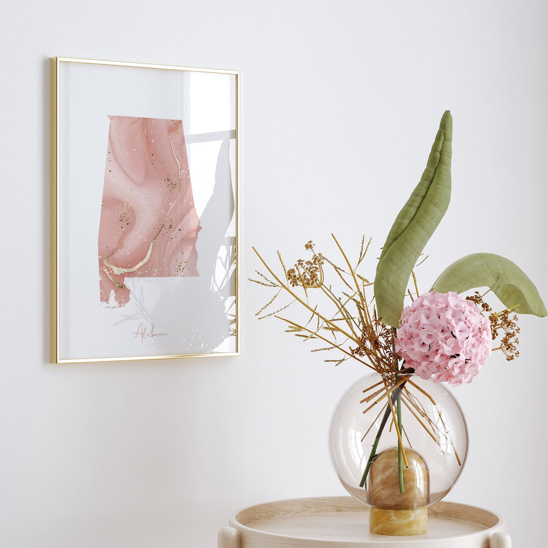 Alabama Map Pink and Gold Wall Art Print | USA | US State | United States of America