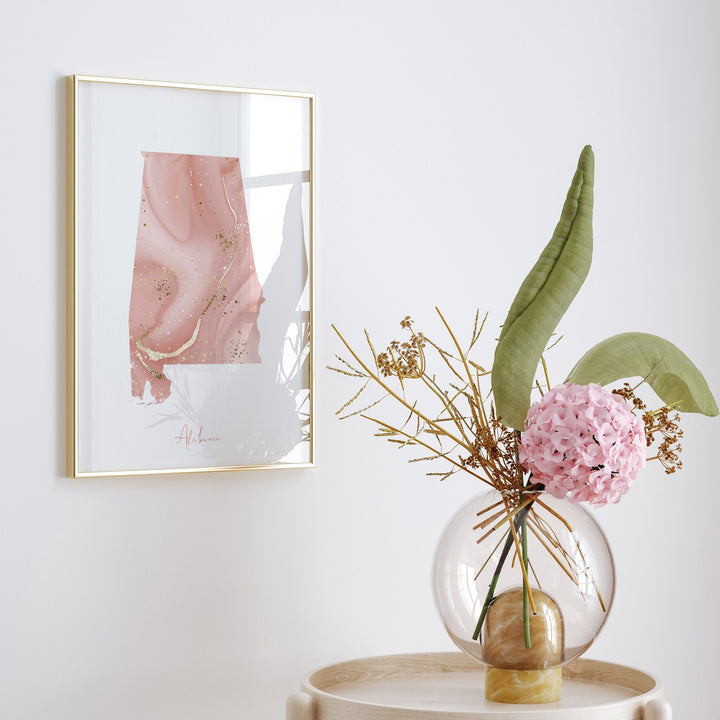 Alabama Map Pink and Gold Wall Art Print | USA | US State | United States of America