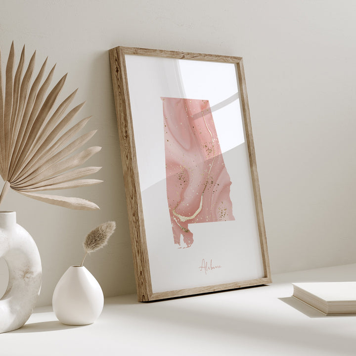 Alabama Map Pink and Gold Wall Art Print | USA | US State | United States of America