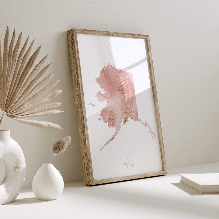 Alaska Map Pink and Gold Wall Art Print | USA | US State | United States of America