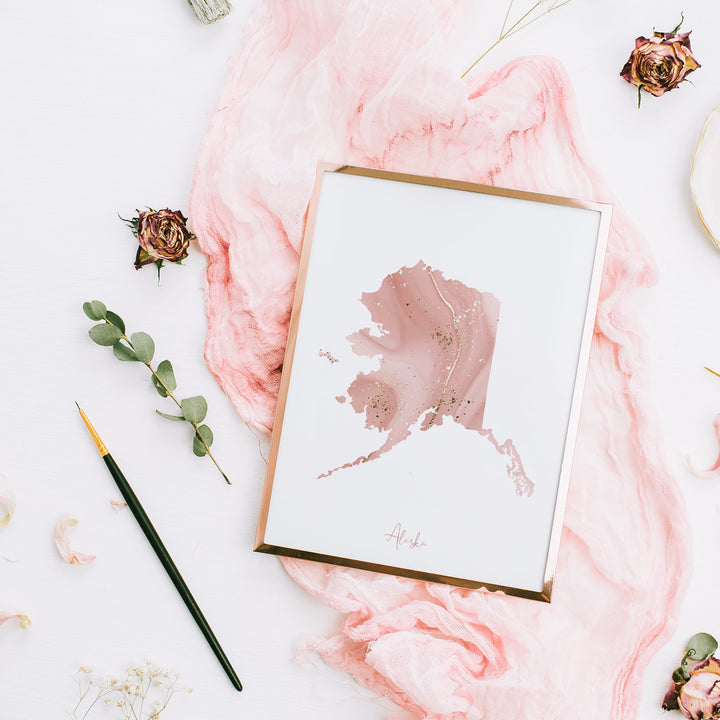 Alaska Map Pink and Gold Wall Art Print | USA | US State | United States of America
