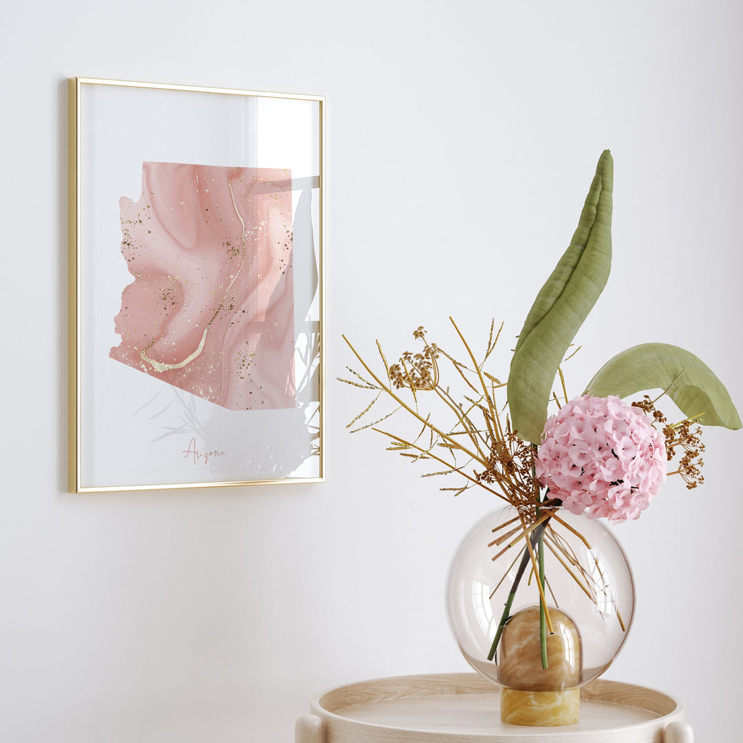 Arizona Map Pink and Gold Wall Art Print | USA | US State | United States of America