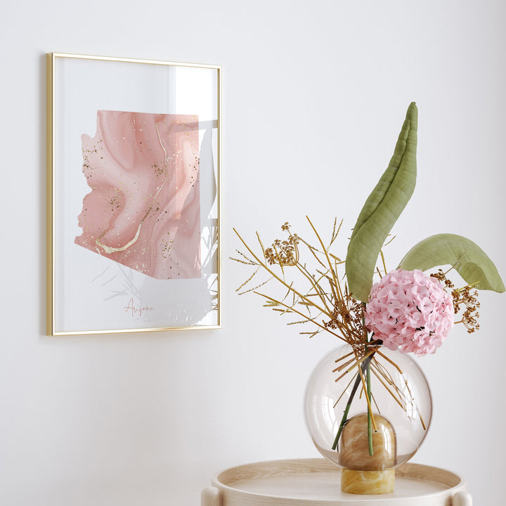 Arizona Map Pink and Gold Wall Art Print | USA | US State | United States of America