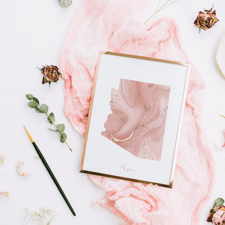 Arizona Map Pink and Gold Wall Art Print | USA | US State | United States of America