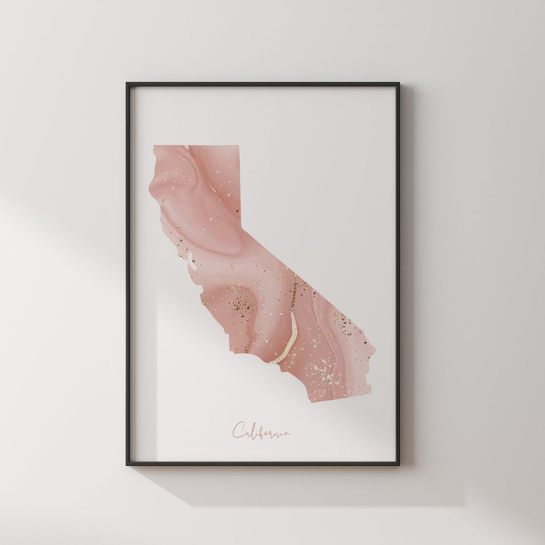 California Map Pink and Gold Wall Art Print | USA | US State | United States of America