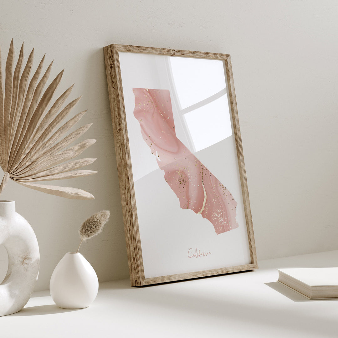 California Map Pink and Gold Wall Art Print | USA | US State | United States of America