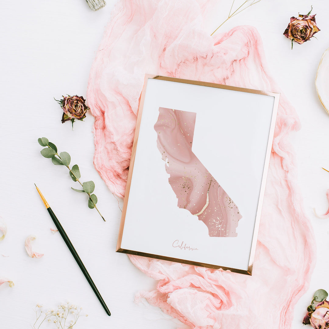 California Map Pink and Gold Wall Art Print | USA | US State | United States of America