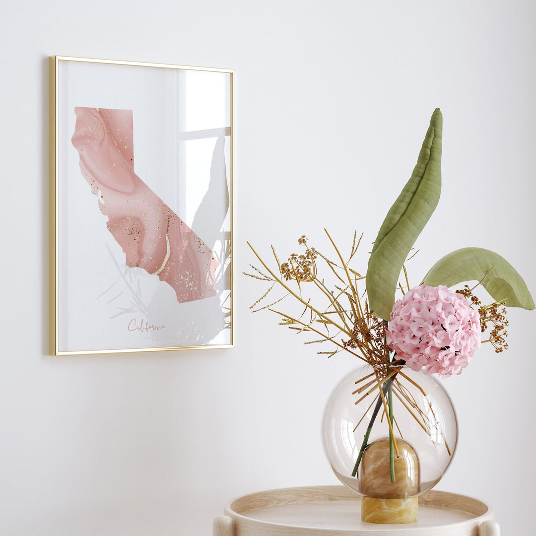 California Map Pink and Gold Wall Art Print | USA | US State | United States of America