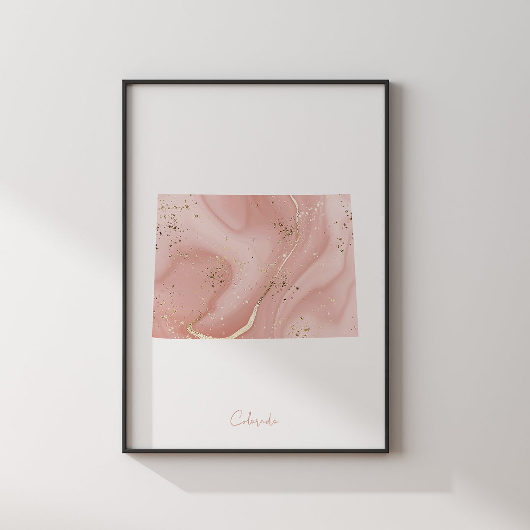 Colorado Map Pink and Gold Wall Art Print | USA | US State | United States of America