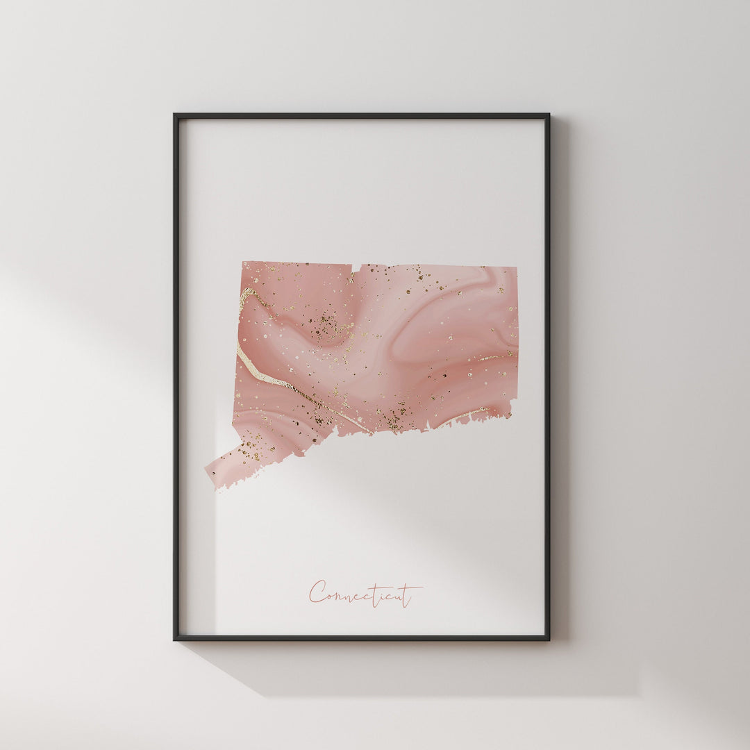 Connecticut Map Pink and Gold Wall Art Print | USA | US State | United States of America