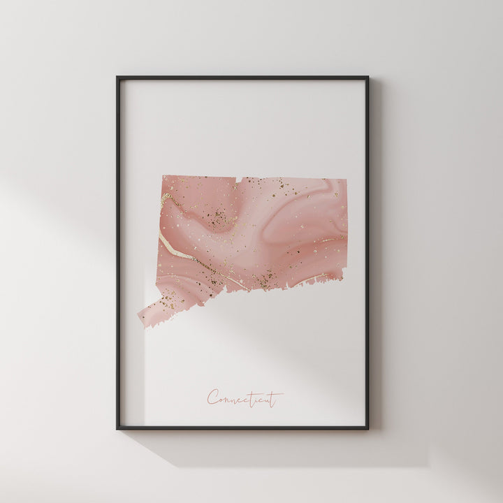 Connecticut Map Pink and Gold Wall Art Print | USA | US State | United States of America