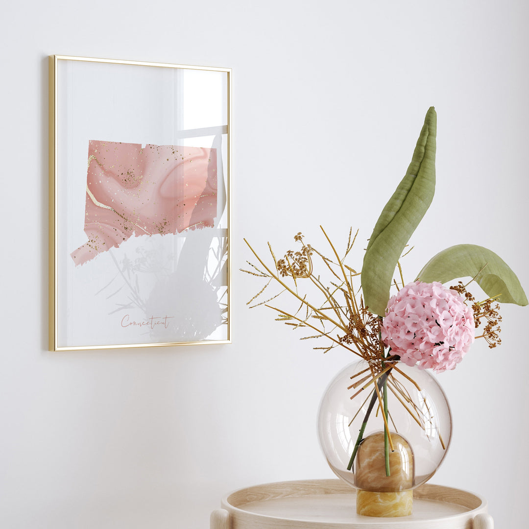 Connecticut Map Pink and Gold Wall Art Print | USA | US State | United States of America