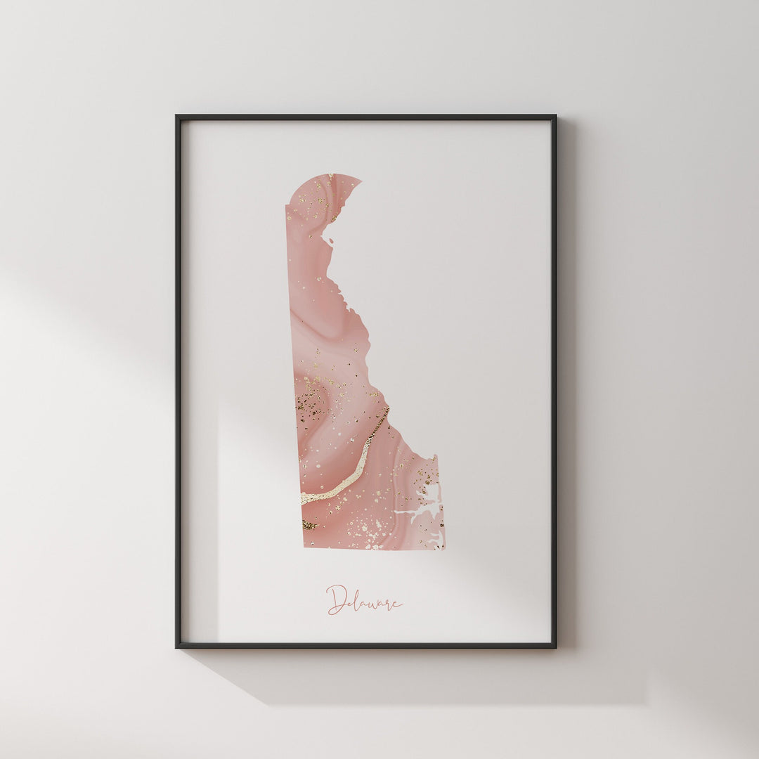 Delaware Map Pink and Gold Wall Art Print | USA | US State | United States of America