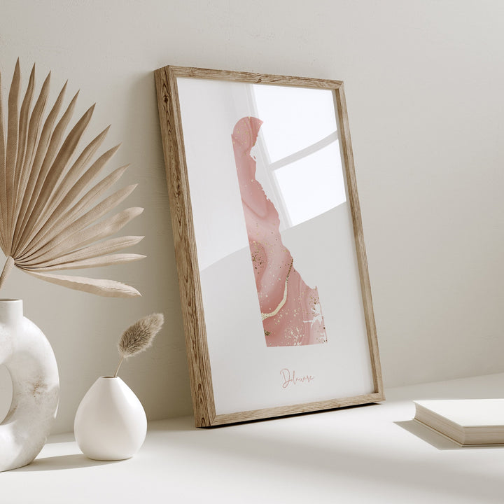 Delaware Map Pink and Gold Wall Art Print | USA | US State | United States of America