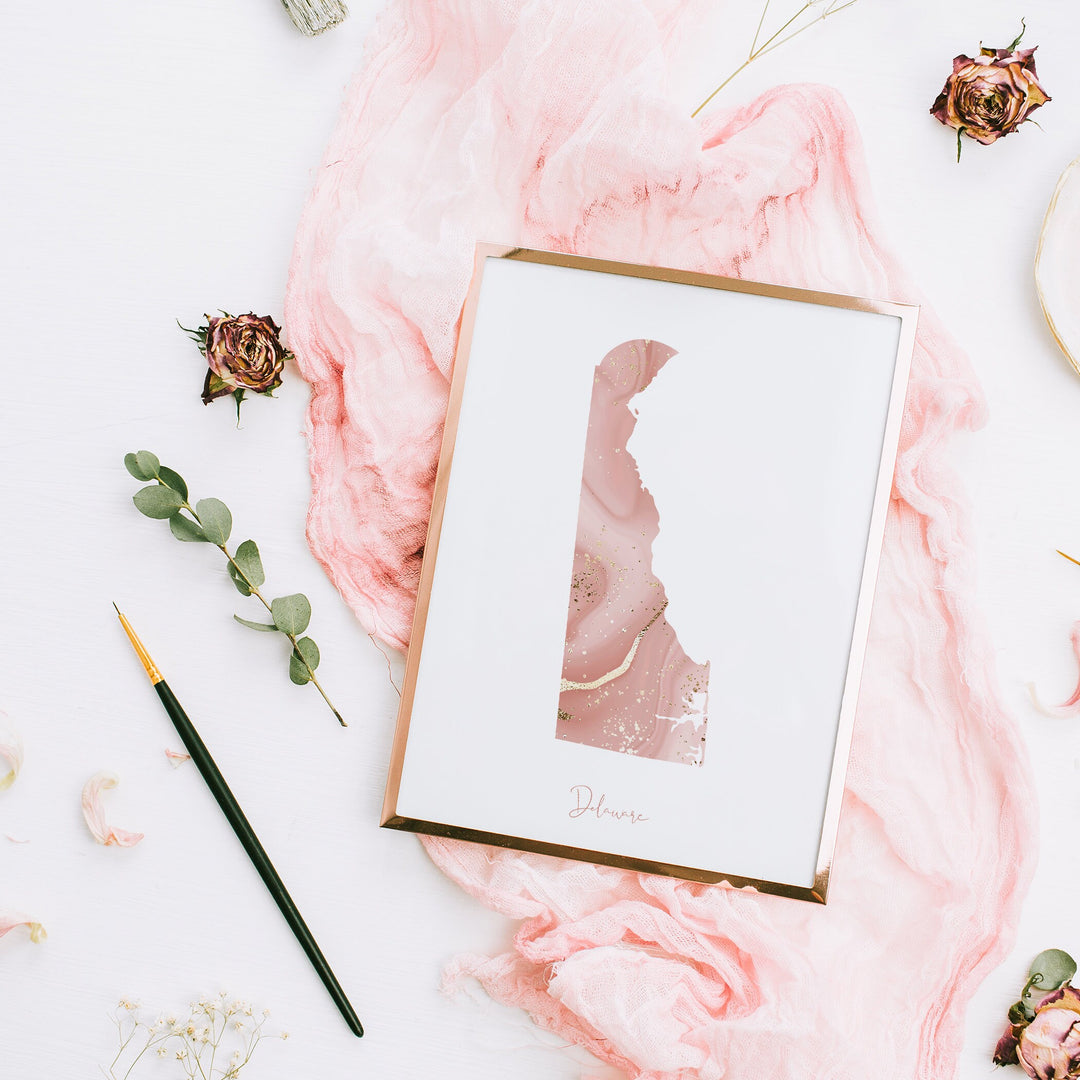 Delaware Map Pink and Gold Wall Art Print | USA | US State | United States of America