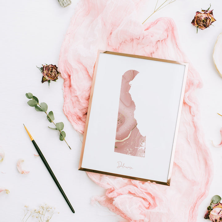 Delaware Map Pink and Gold Wall Art Print | USA | US State | United States of America