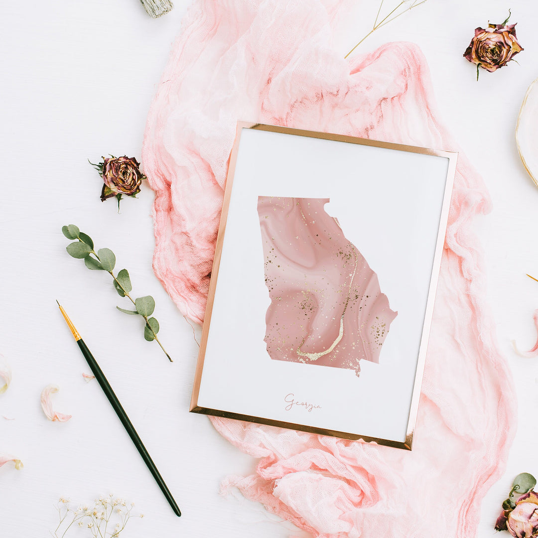 Georgia Map Pink and Gold Wall Art Print | USA | US State | United States of America